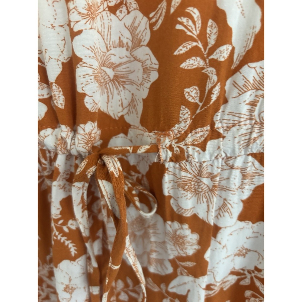 Floral Midi Dress M White Burnt Orange Boho Tiered V Neck Short Sleeve Tie Waist - Picture 10 of 11